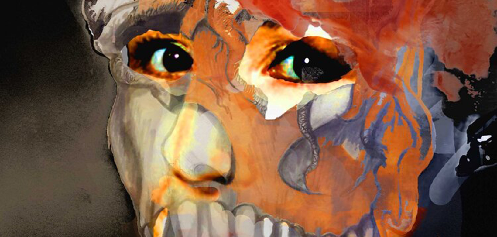 Close up of an artistic rendering of a face, including their eyes and sharp teeth.